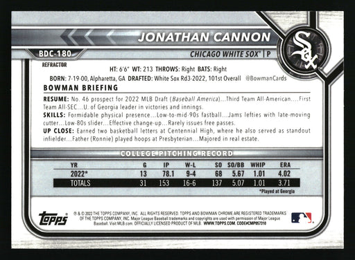 2022 Bowman Draft #BDC-180 Jonathan Cannon Chrome Refractor