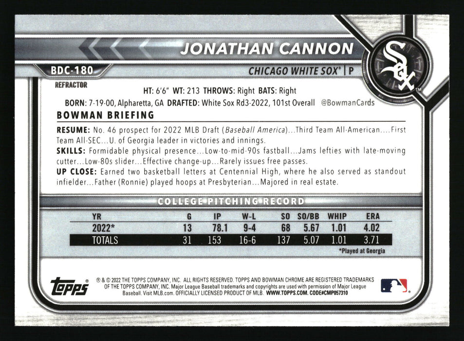 2022 Bowman Draft #BDC-180 Jonathan Cannon Chrome Refractor