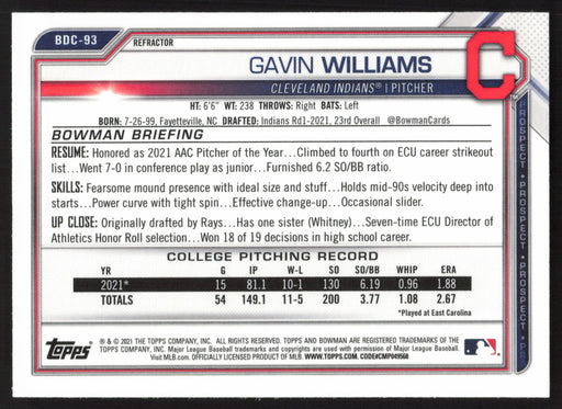 2021 Bowman Draft #BDC-93 Gavin Williams Chrome Refractor