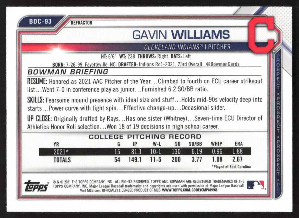 2021 Bowman Draft #BDC-93 Gavin Williams Chrome Refractor