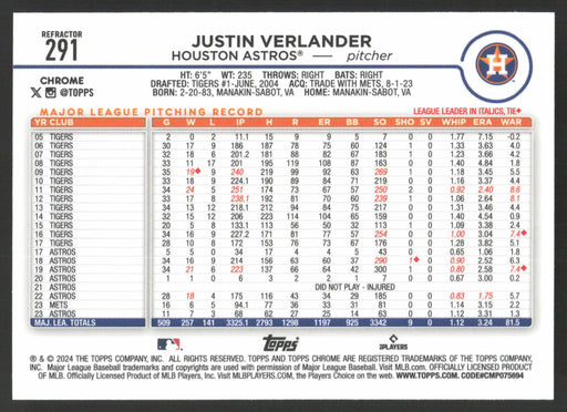 2024 Topps Chrome #291 Justin Verlander Refractor