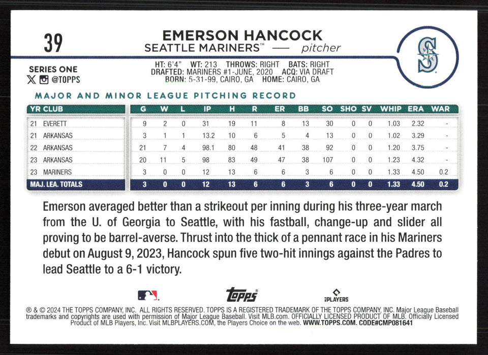 2024 Topps #39 Emerson Hancock Holiday