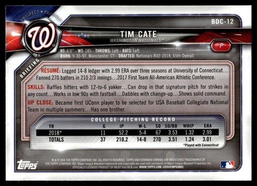 2018 Bowman Draft #BDC-12 Tim Cate Chrome