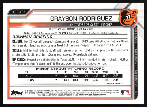 2021 Bowman Chrome #BCP-165 Grayson Rodriguez Prospects