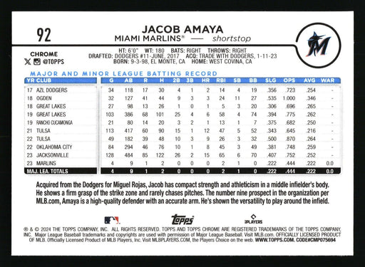 2024 Topps Chrome Jacob Amaya #92 Miami Marlins