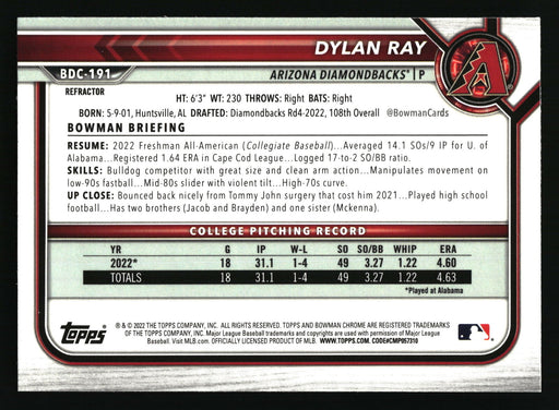 2022 Bowman Draft #BDC-191 Dylan Ray Chrome Refractor