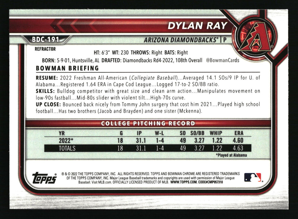 2022 Bowman Draft #BDC-191 Dylan Ray Chrome Refractor