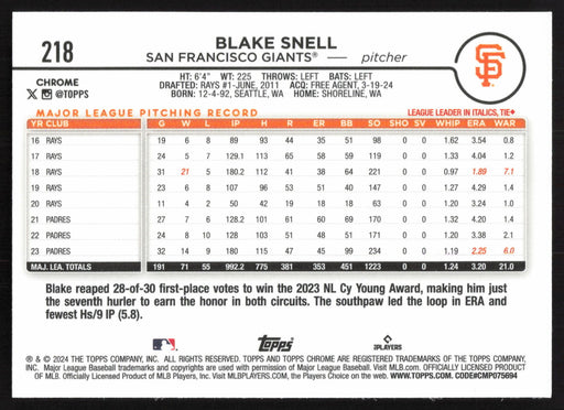 2024 Topps Chrome #218 Blake Snell