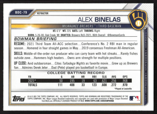 2021 Bowman Draft #BDC-79 Alex Binelas Chrome Refractor