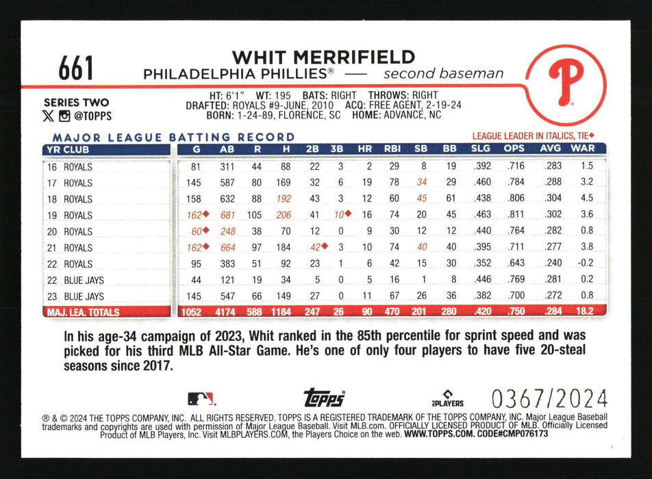 2024 Topps #661 Whit Merrifield Gold #/2024