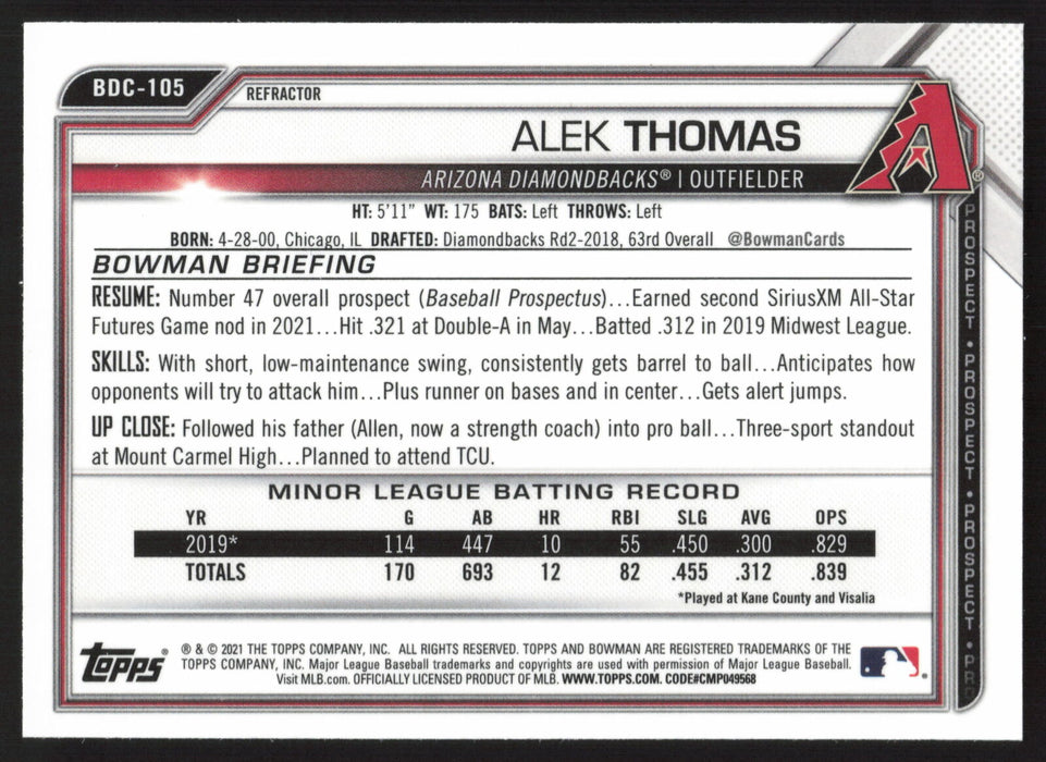 2021 Bowman Draft #BDC-105 Alek Thomas Chrome Refractor