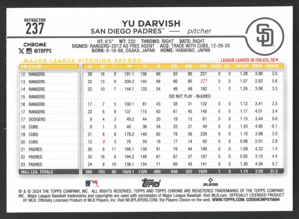 2024 Topps Chrome #237 Yu Darvish Refractor