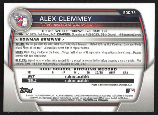 2023 Bowman Draft #BDC-79 Alex Clemmey Chrome Sky Blue Refractor