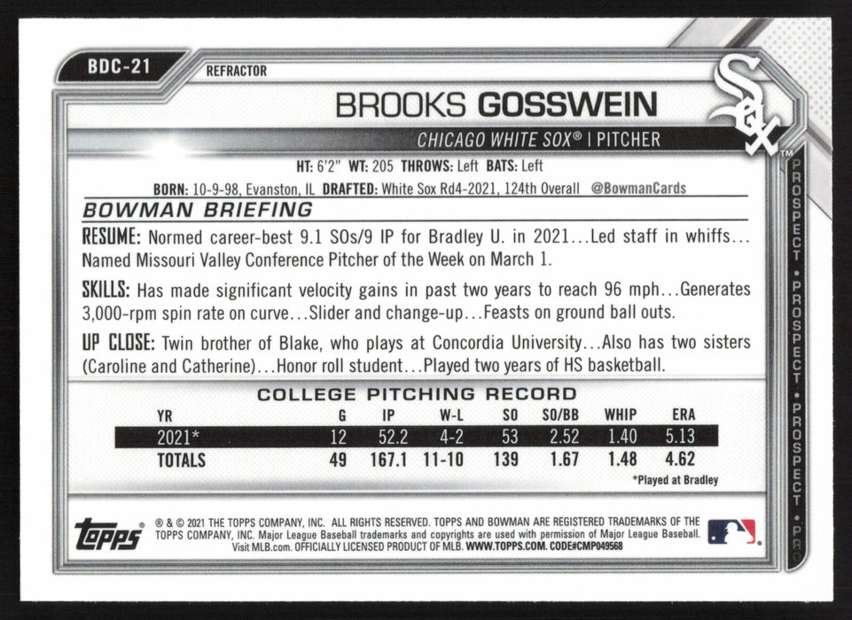 2021 Bowman Draft #BDC-21 Brooks Gosswein Chrome Refractor