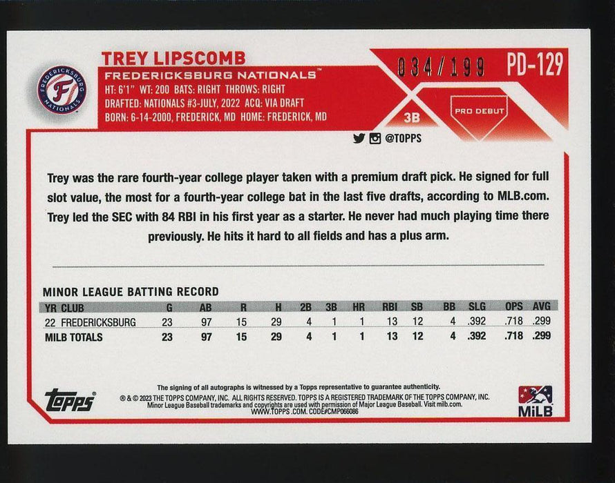 2023 Topps Pro Debut #PD-129 Trey Lipscomb Autographs Sparkle #/199