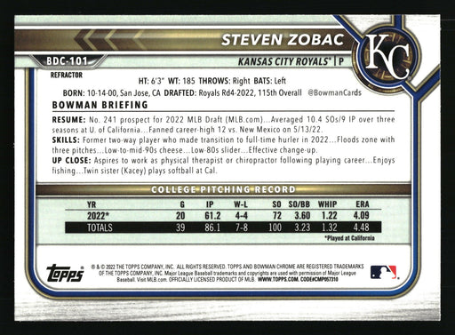 2022 Bowman Draft #BDC-101 Steven Zobac Chrome Refractor