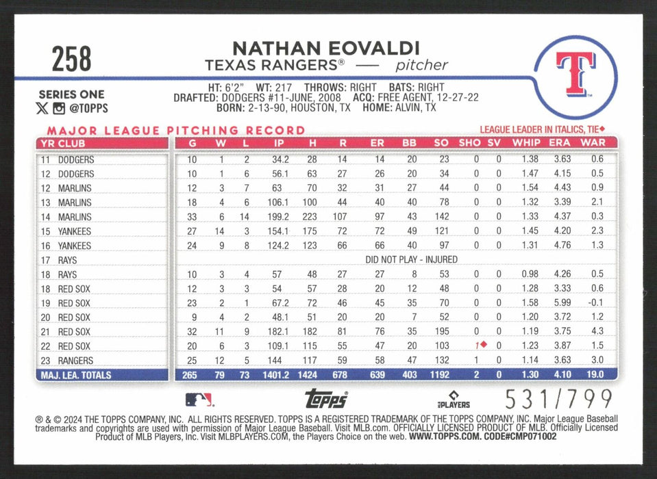 2024 Topps #258 Nathan Eovaldi Purple Holofoil #/799