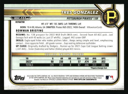 2022 Bowman Draft #BDC-157 Tres Gonzalez Chrome Refractor