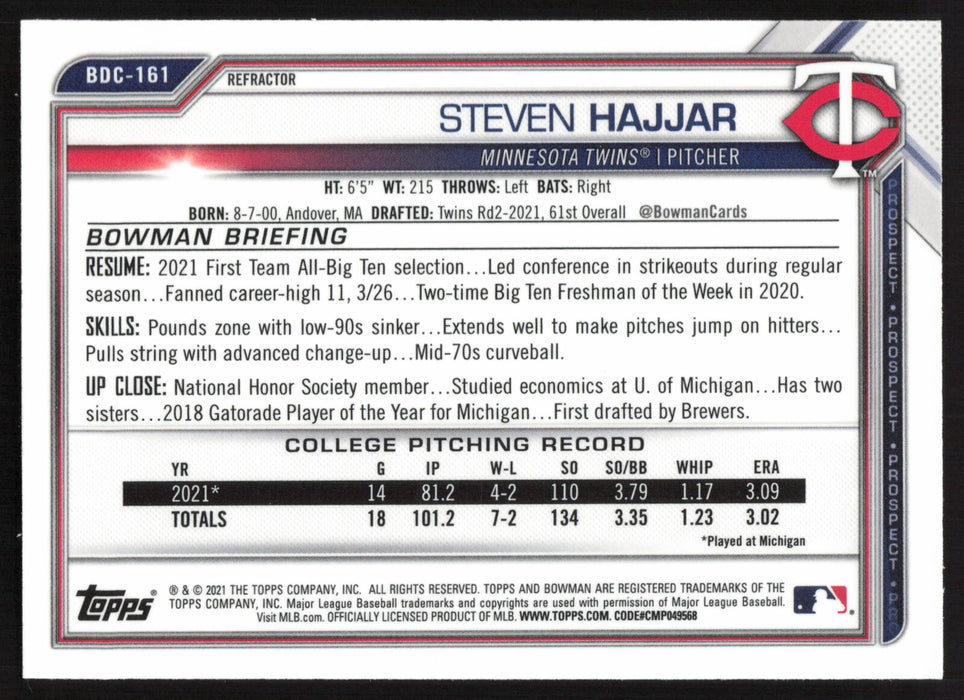 2021 Bowman Draft #BDC-161 Steven Hajjar Chrome Refractor