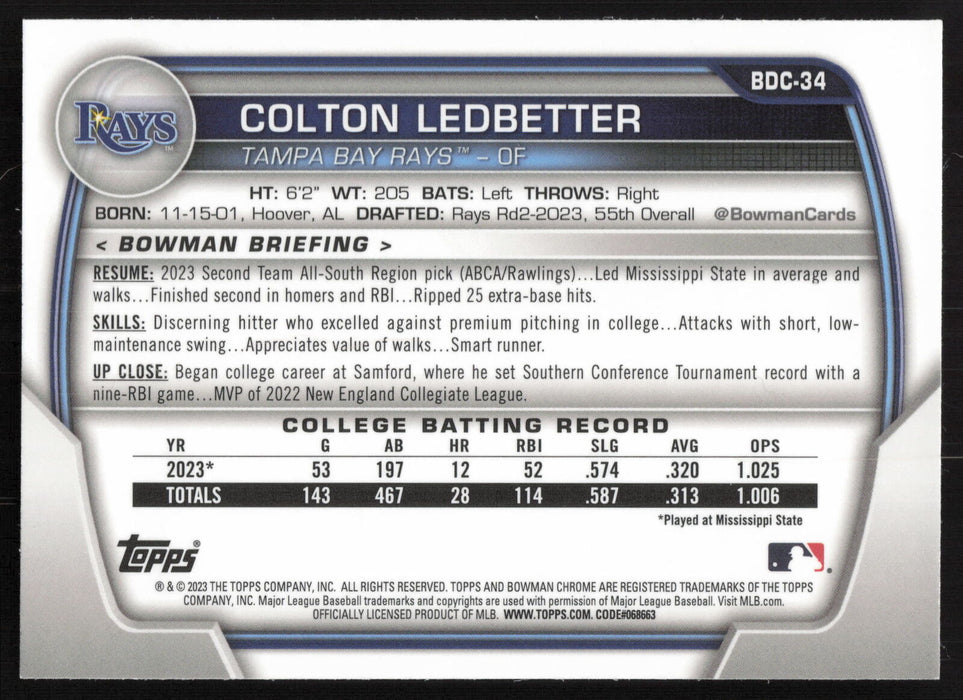 2023 Bowman Draft #BDC-34 Colton Ledbetter Chrome Refractor