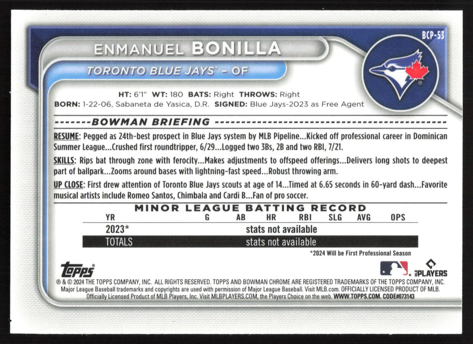 2024 Bowman #BCP-53 Enmanuel Bonilla Chrome Prospects