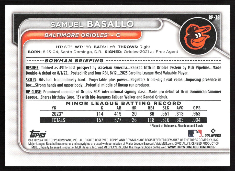 2024 Bowman #BP-38 Samuel Basallo Prospects Base