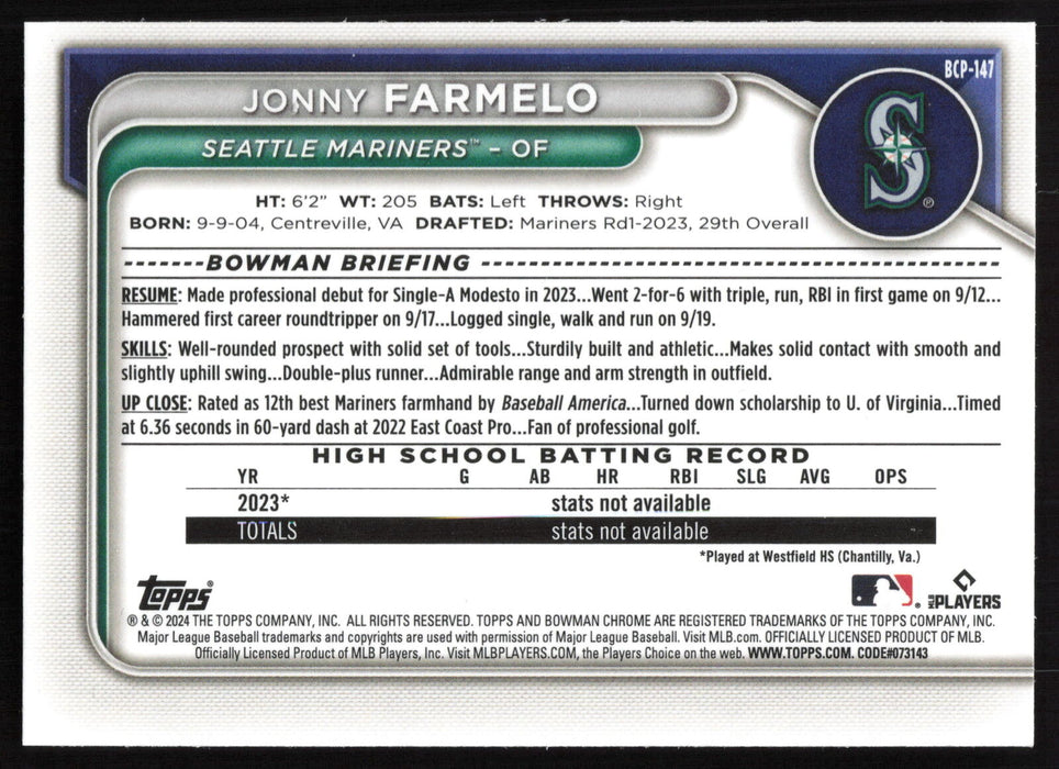 2024 Bowman #BCP-147 Jonny Farmelo Chrome Prospects