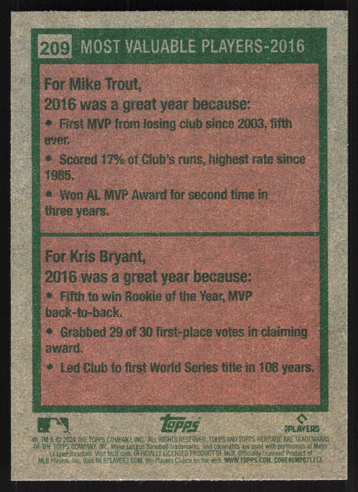 2024 Topps Heritage #209 2016 MVPs (Mike Trout / Kris Bryant)