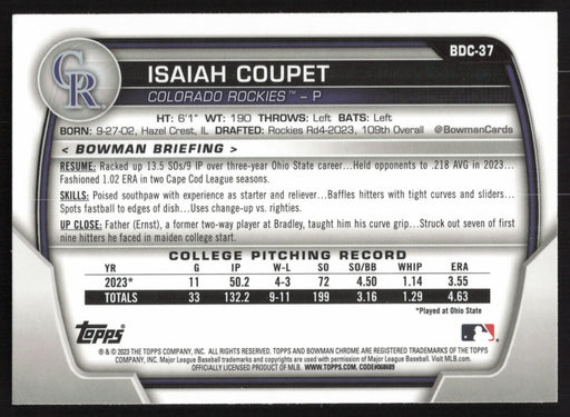 2023 Bowman Draft #BDC-37 Isaiah Coupet Chrome Lunar Glow Refractor