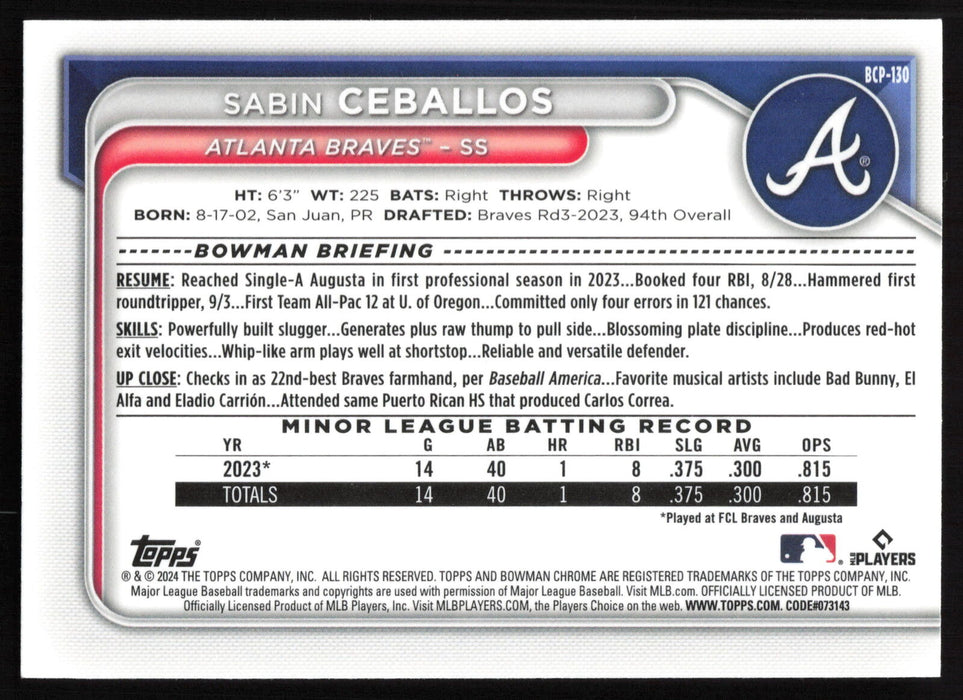 2024 Bowman #BCP-130 Sabin Ceballos Chrome Prospects