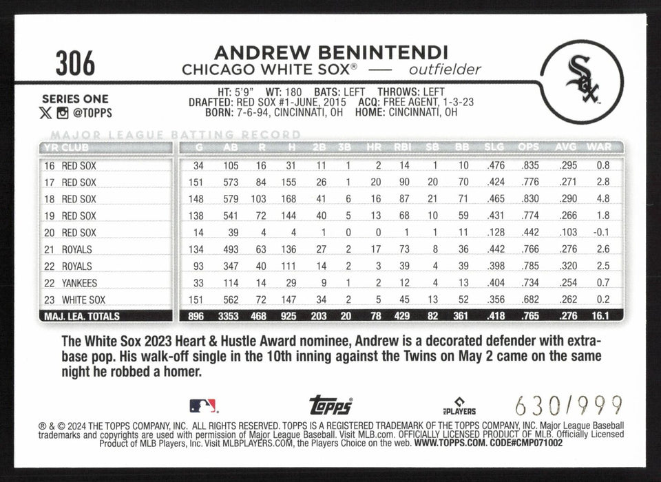 2024 Topps #306 Andrew Benintendi Blue Holofoil #/999