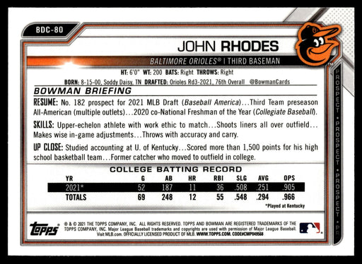 2021 Bowman Draft #BDC-80 John Rhodes Chrome Black & White RayWave