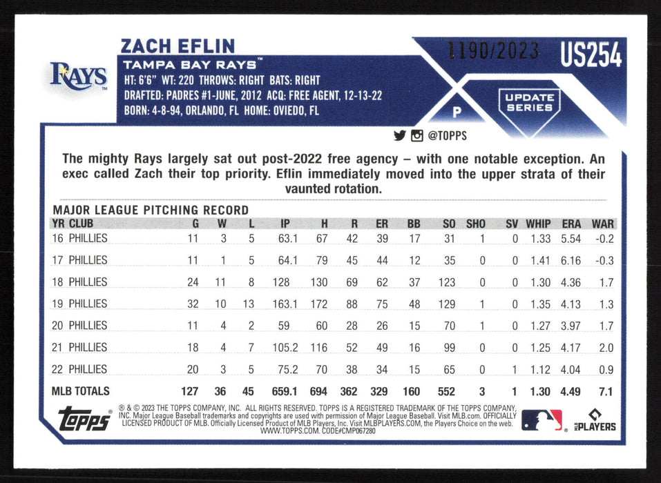 2023 Topps Update #US254 Zach Eflin Gold #/2023