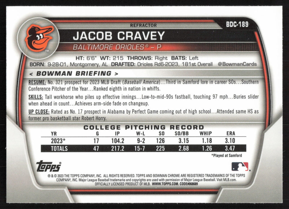 2023 Bowman Draft #BDC-189 Jacob Cravey Chrome Refractor