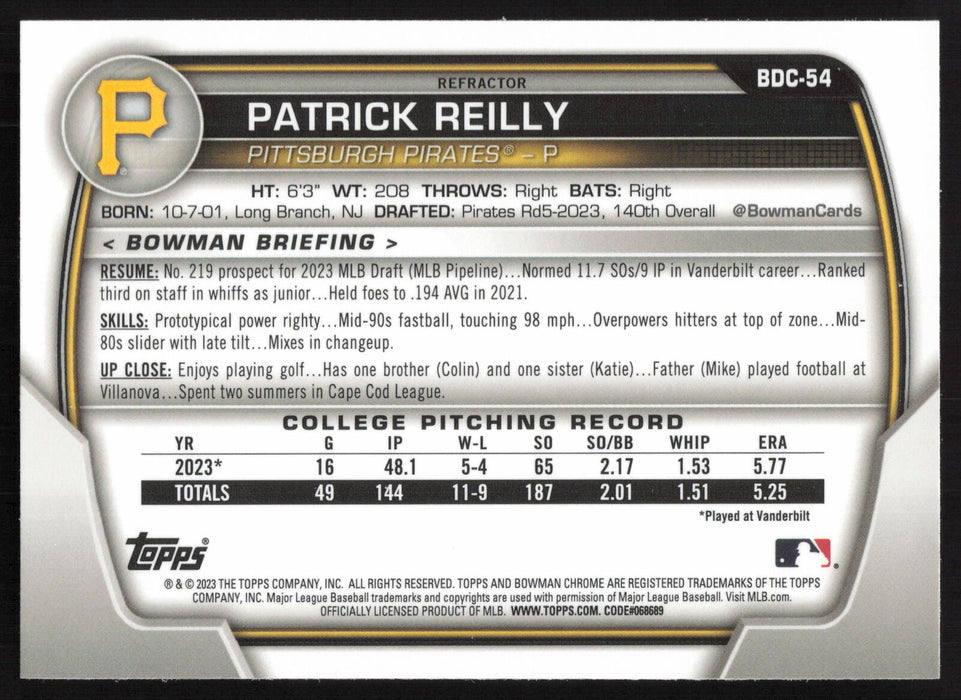 2023 Bowman Draft #BDC-54 Patrick Reilly Chrome Refractor