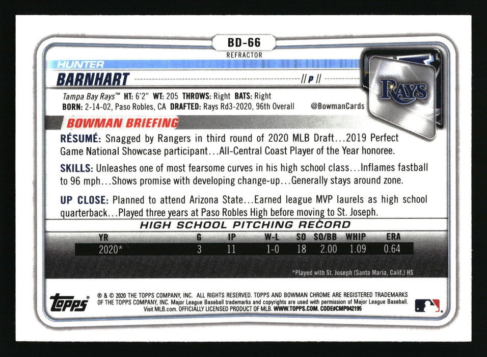 2020 Bowman Draft #BD-66 Hunter Barnhart Chrome Refractor