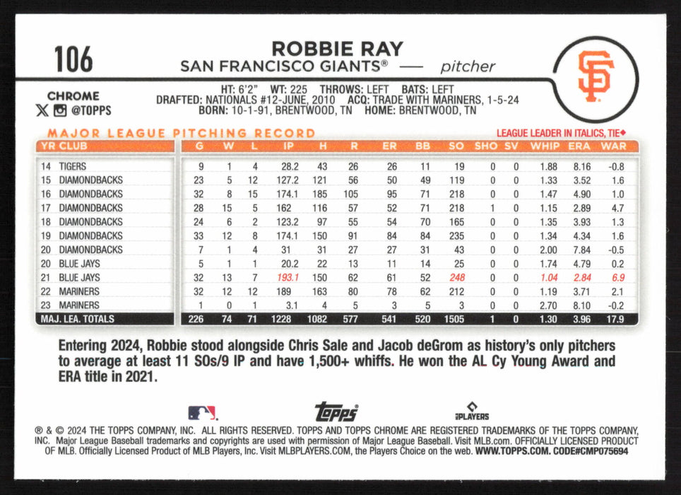 2024 Topps Chrome #106 Robbie Ray