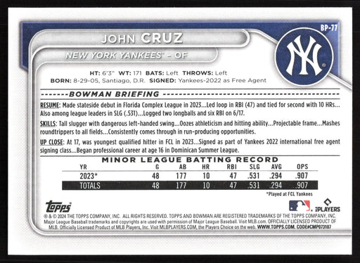 2024 Bowman #BP-77 John Cruz Base