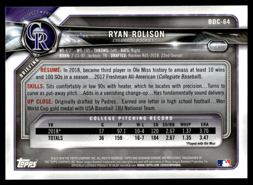 2018 Bowman Draft #BDC-64 Ryan Rolison Chrome Refractors