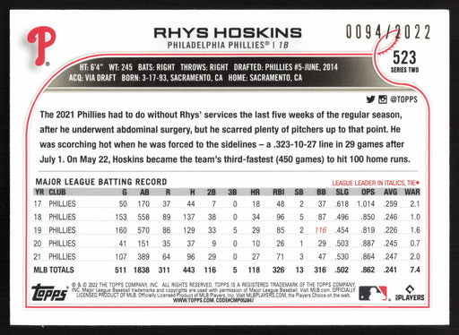 2022 Topps #523 Rhys Hoskins Gold #/2022