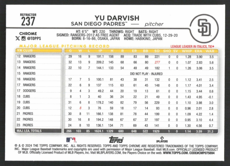 2024 Topps Chrome #237 Yu Darvish Refractor