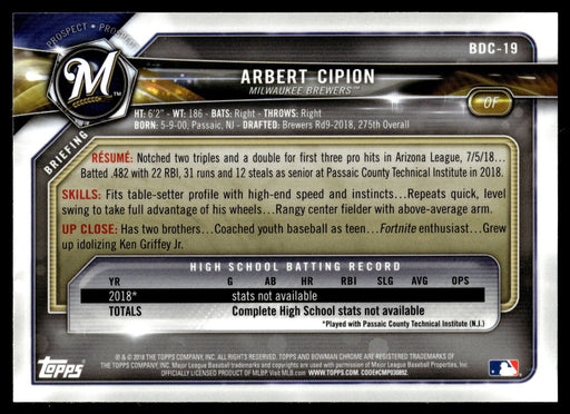 2018 Bowman Draft #BDC-19 Arbert Cipion Chrome