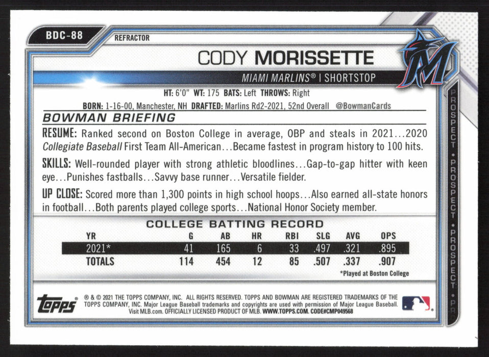 2021 Bowman Draft #BDC-88 Cody Morissette Chrome Refractor