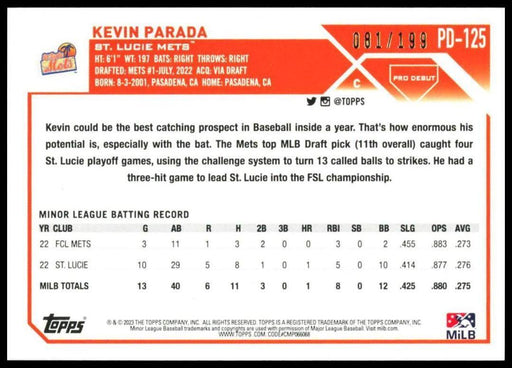 2023 Topps Pro Debut #PD-125 Kevin Parada Fuchsia #/199