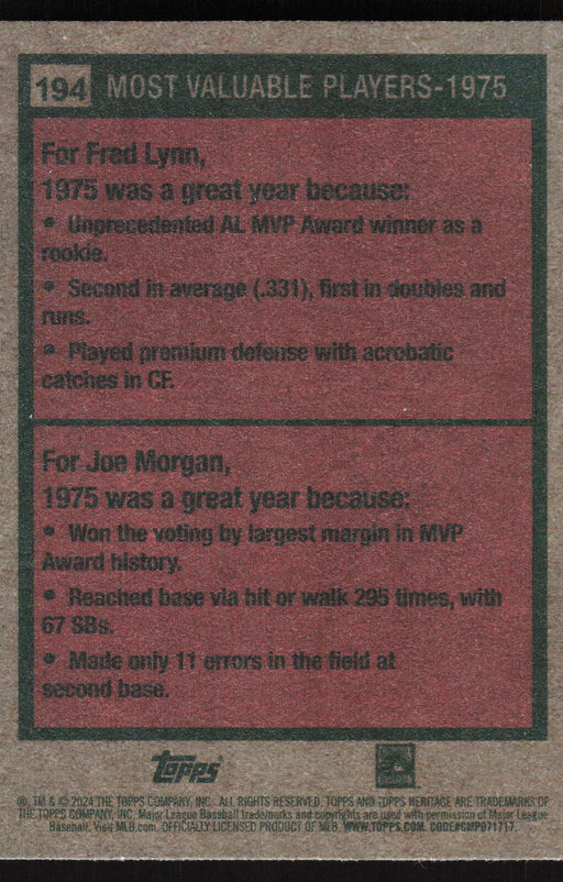 2024 Topps Heritage #194 1975 MVPs (Fred Lynn / Joe Morgan)