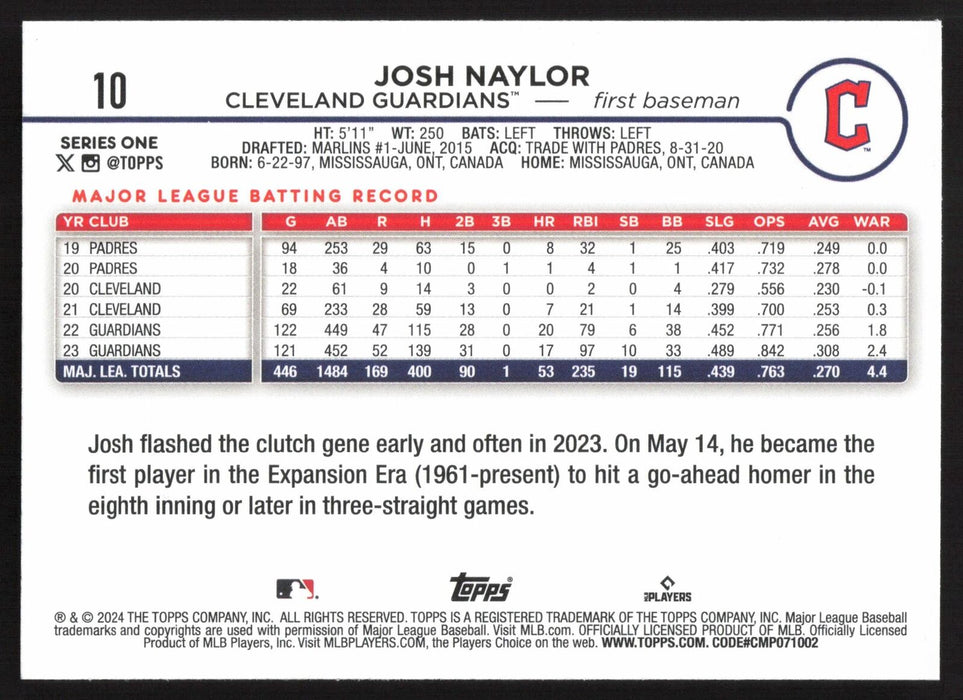 2024 Topps #10 Josh Naylor Yellow