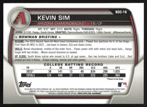 2023 Bowman Draft #BDC-16 Kevin Sim Chrome Lunar Glow Refractor