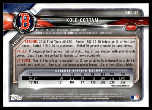 2018 Bowman Draft #BDC-69 Kole Cottam Chrome