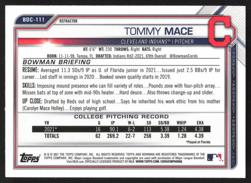 2021 Bowman Draft #BDC-111 Tommy Mace Chrome Refractor