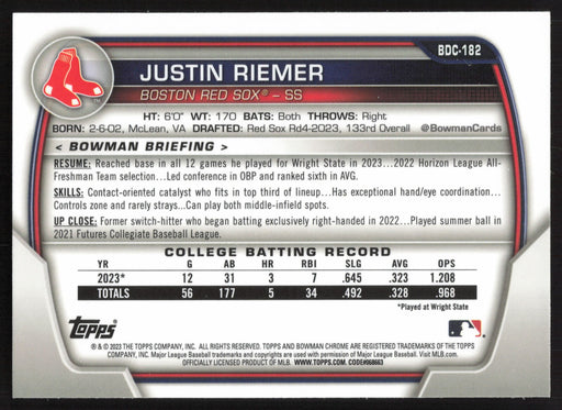 2023 Bowman Draft #BDC-182 Justin Riemer Chrome Sky Blue Refractor